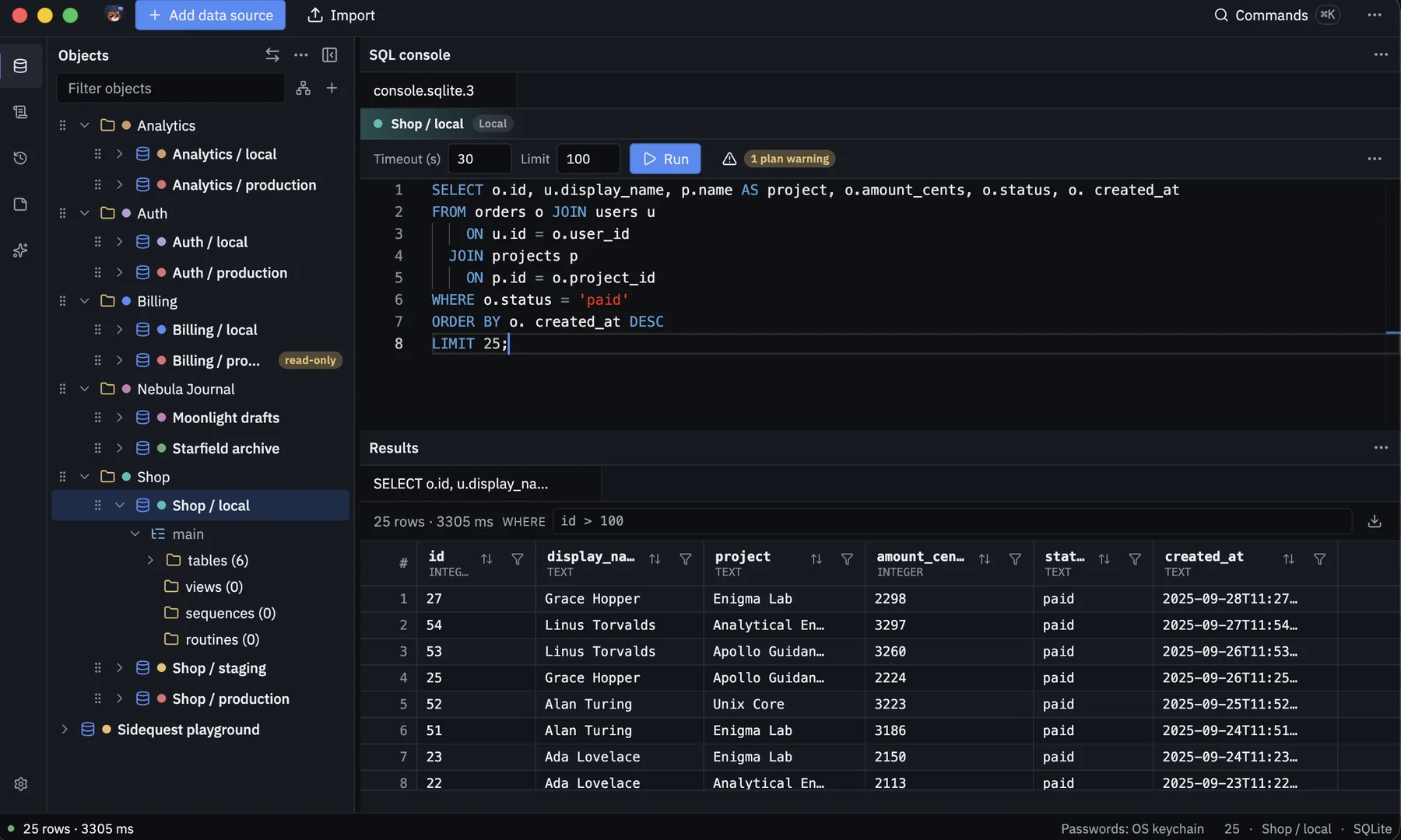 MoleDB with your databases, a query, a warning, and the results.