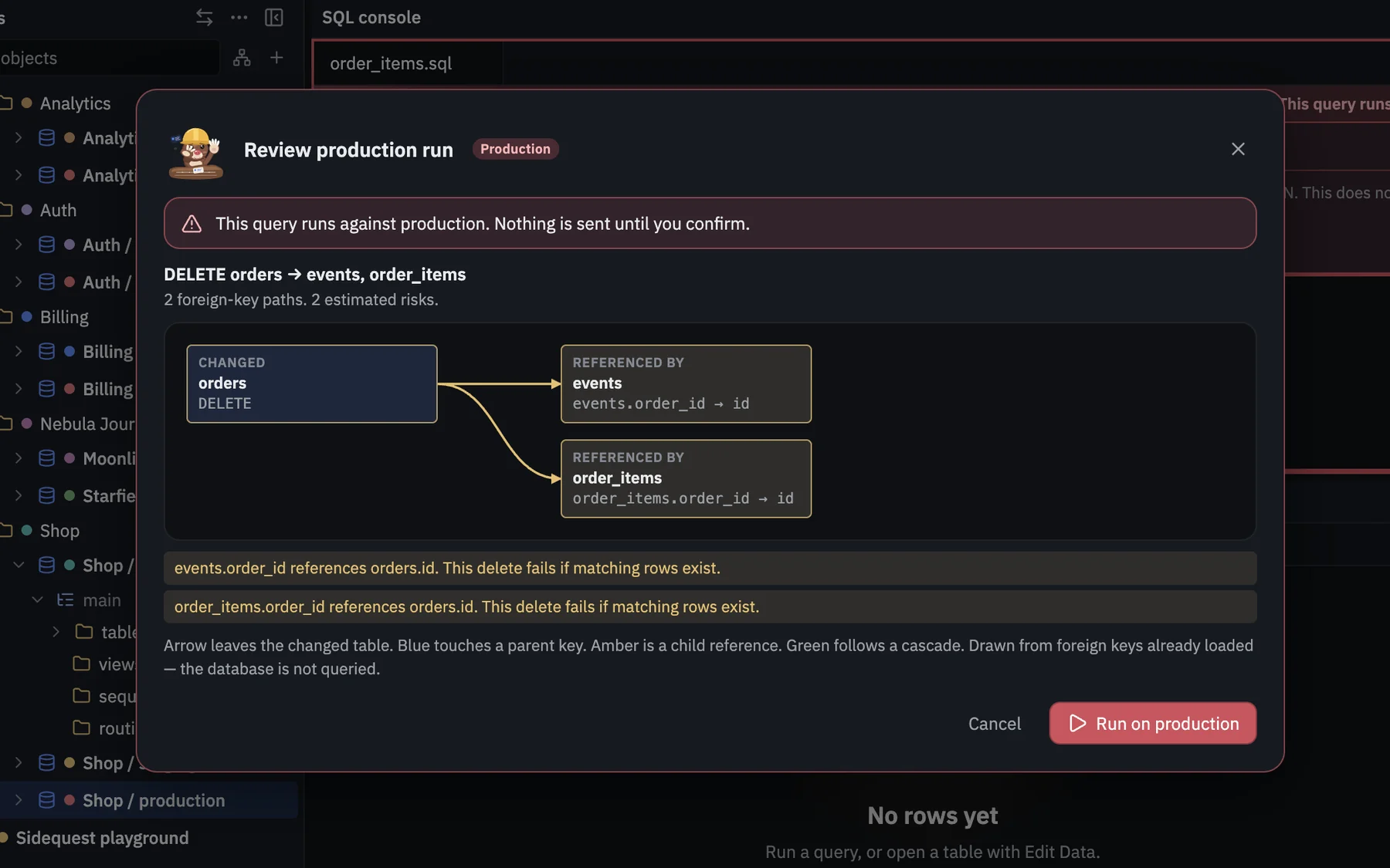 Review production run dialog framed in red, showing a change to orders before it is sent.